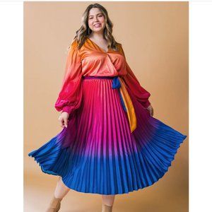 Ombré Pleated Midi Dress (A line with long sleeves), bright and bold!